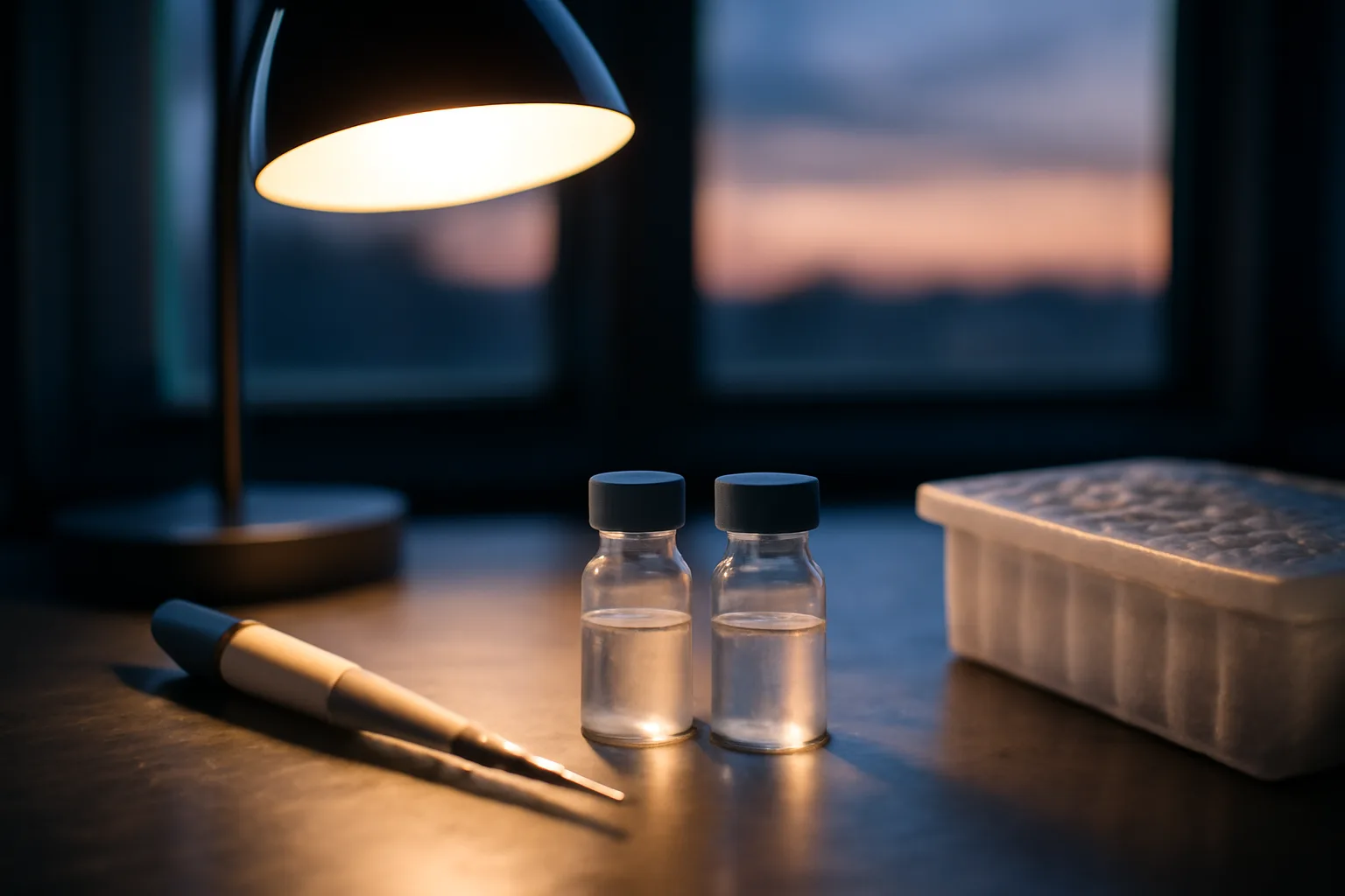 Two unlabeled research vials on a lab bench, representing MOTS-c versus 5-amino-1MQ comparison