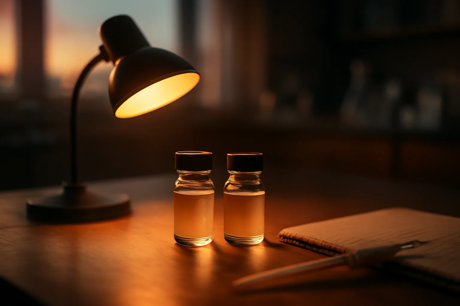 Two unlabeled research vials on a lab bench, comparing MOTS-c and AOD-9604 peptides