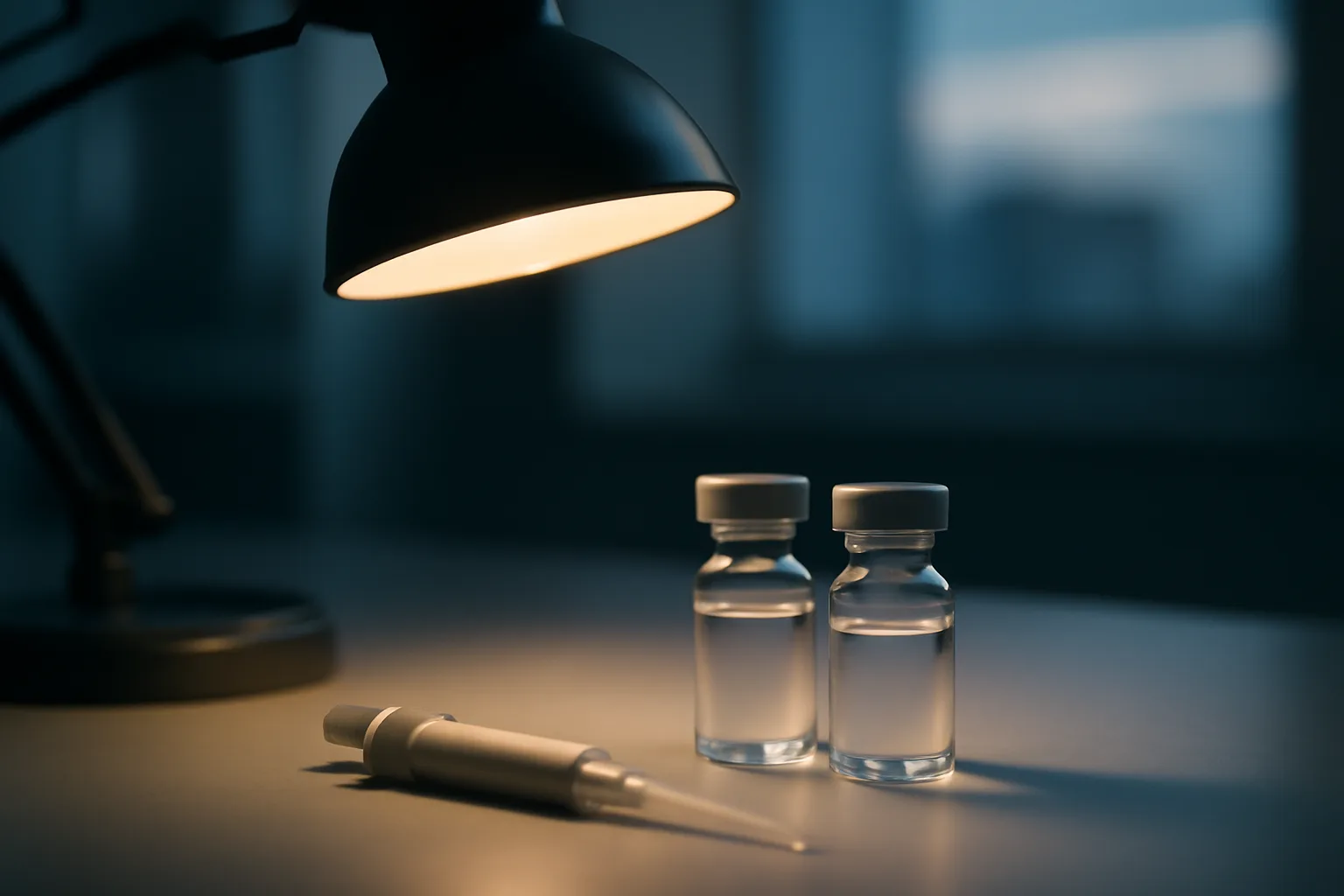 Two unlabeled glass vials on a lab bench, representing MOTS-c vs metformin comparison