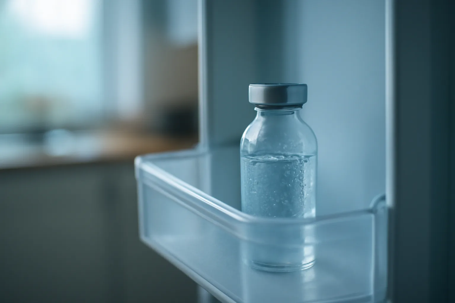 Glass vial stored upright in a refrigerator door shelf with condensation