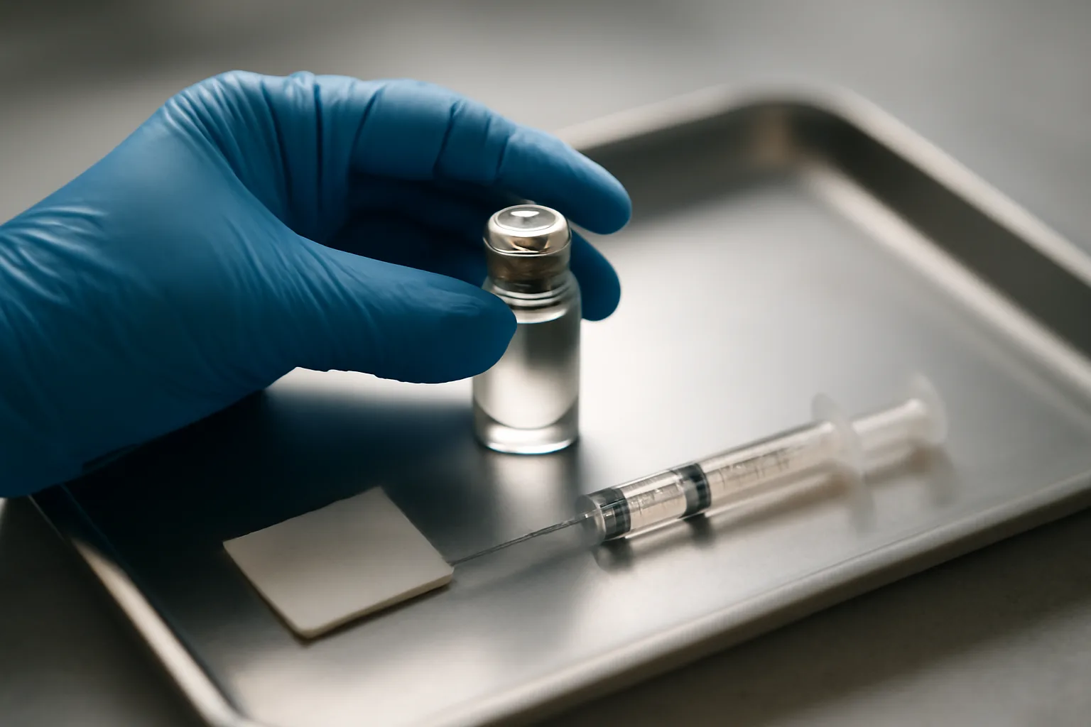Gloved hands reconstituting a peptide vial with a syringe on a steel tray
