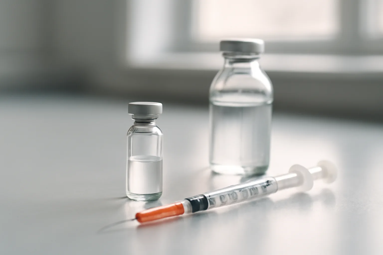 Insulin syringe and glass vial on a lab bench, illustrating MOTS-c dosage calculation