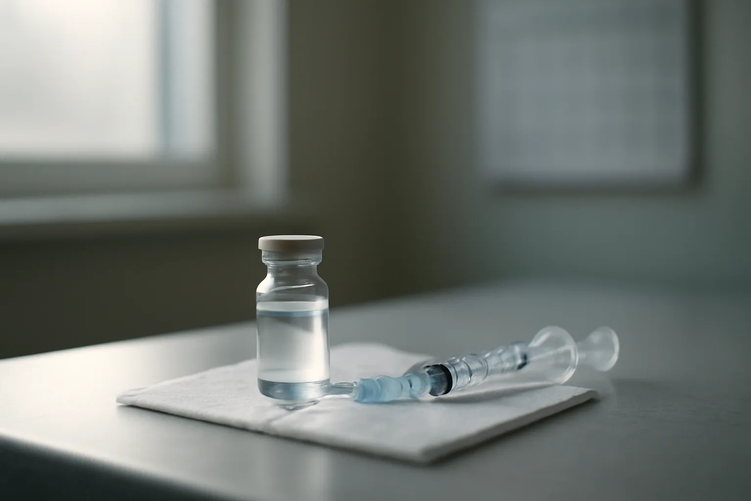 Vial and syringe on a desk suggesting a MOTS-c dosing cycle in progress