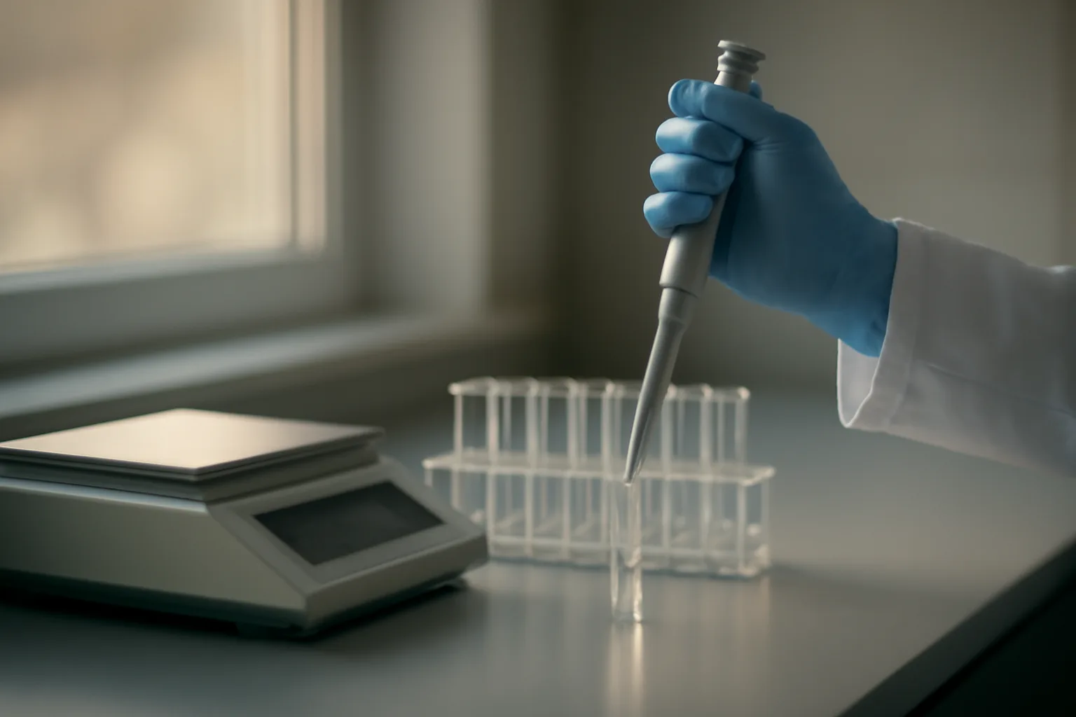Researcher's gloved hand using a micropipette near a vial rack, evoking MOTS-c dosage calculator research