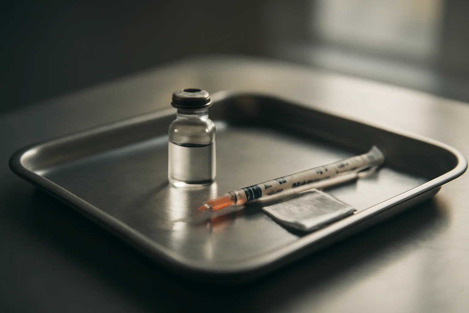 Vial and syringe on a steel tray, representing MOTS-c dosage preparation