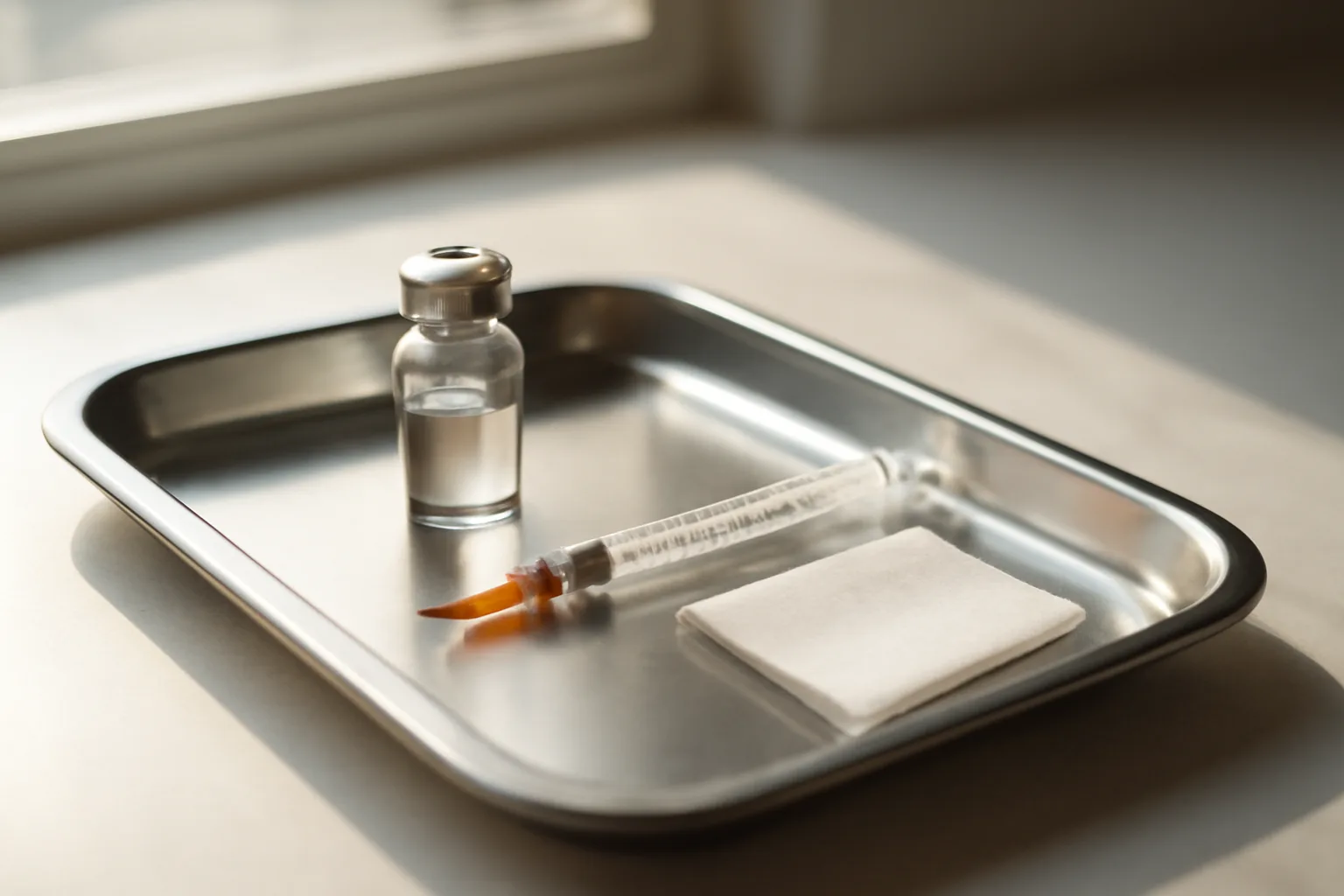 Vial and insulin syringe on a tray, illustrating MOTS-c how to inject preparation