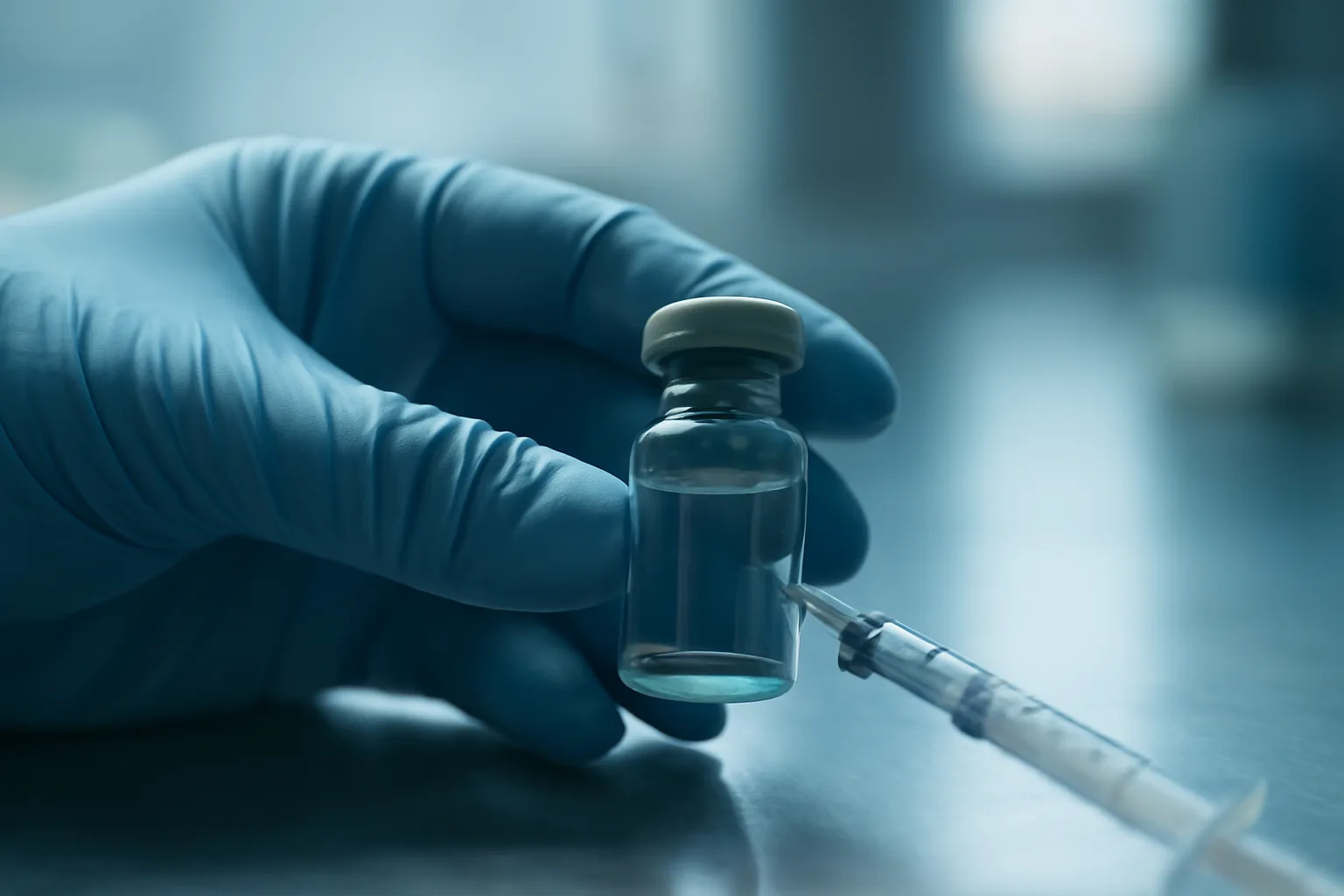 Gloved hand preparing a syringe near a glass vial, illustrating MOTS-c injection site research