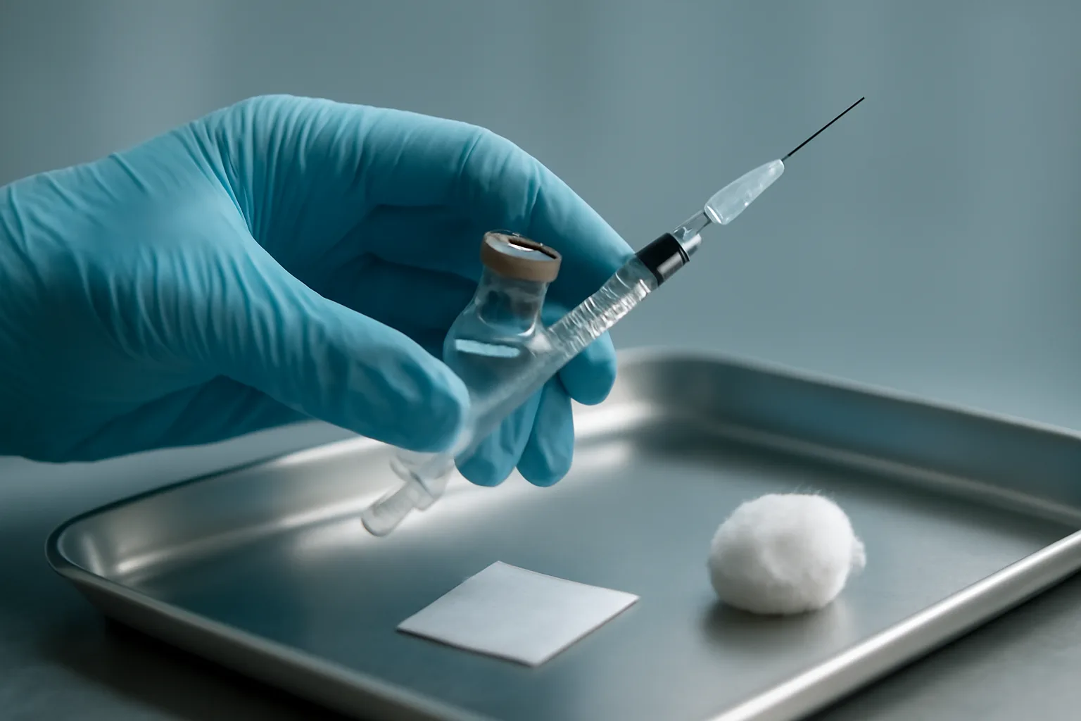 Gloved hand preparing a MOTS-c peptide injection vial and syringe on a tray