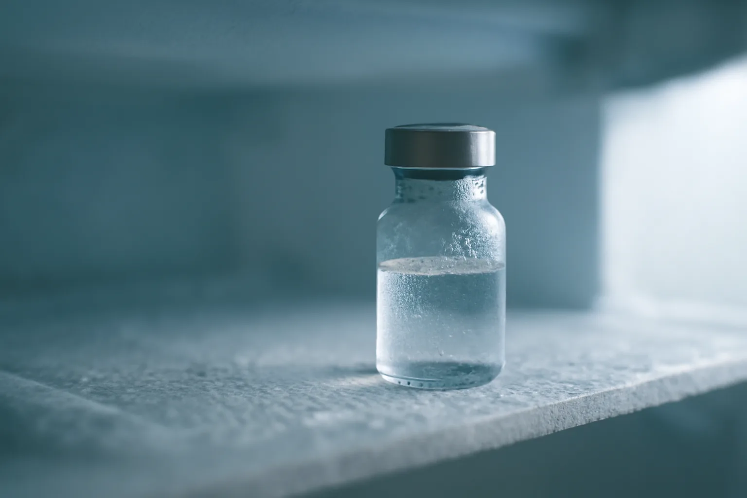 Glass peptide vial resting on a frosted refrigerator shelf under cool light