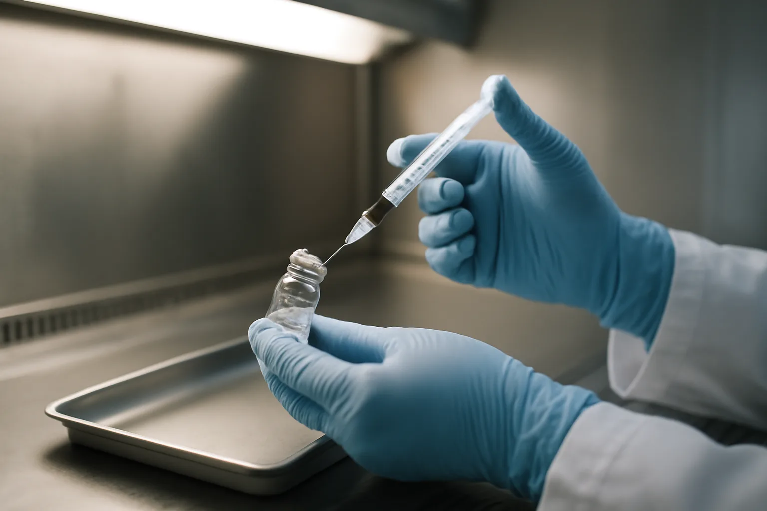 Gloved hands holding a vial and syringe on a lab tray, illustrating how to take MOTS-c peptide research context