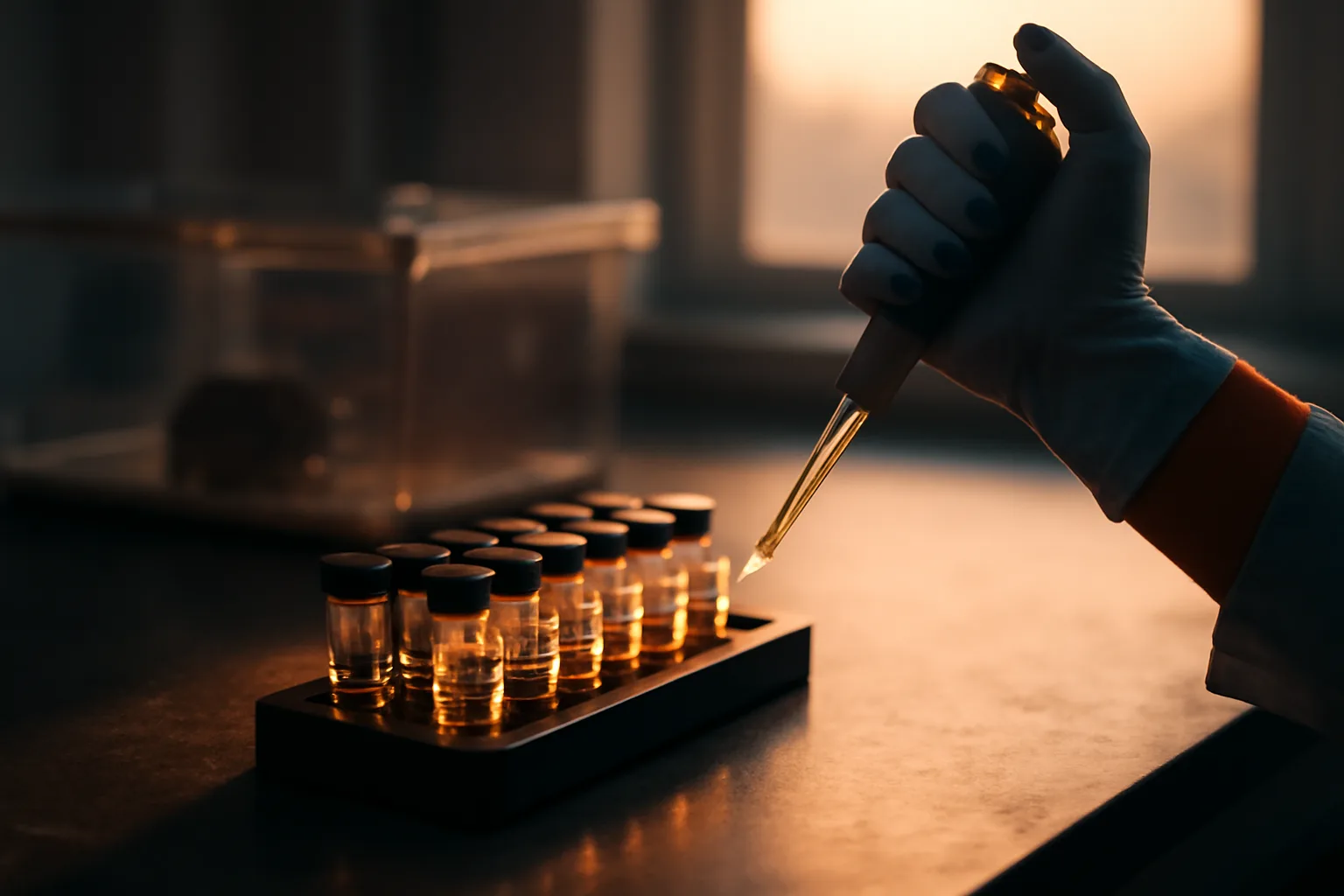 Researcher handling glass vials on a lab bench, illustrating how MOTS-c is studied and prepared