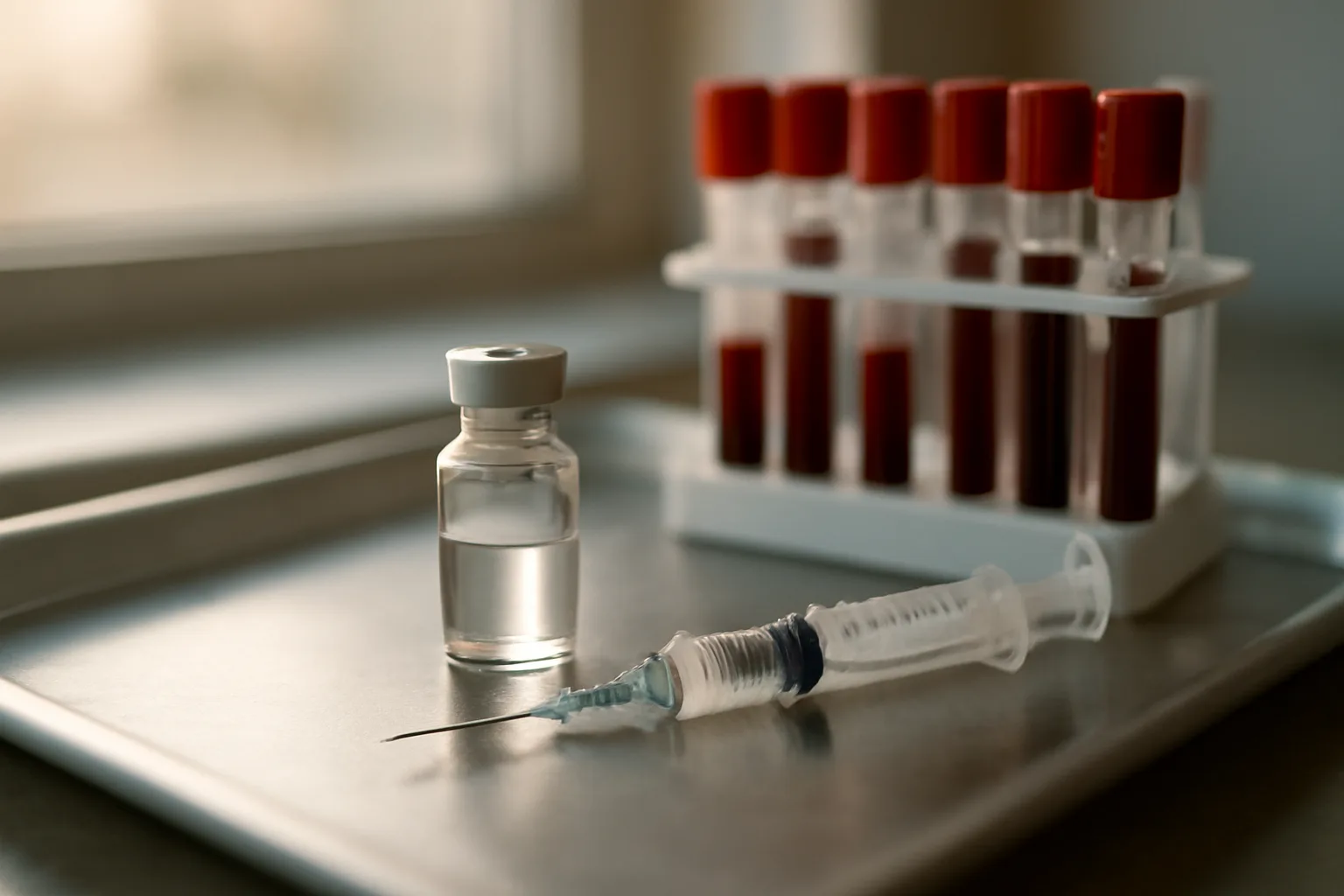 Blood collection tubes and a peptide vial on a clinic tray for MOTS-c bloodwork monitoring