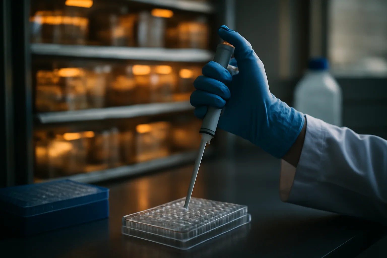Researcher pipetting a sample beside a lab mouse cage rack, representing MOTS-c animal studies