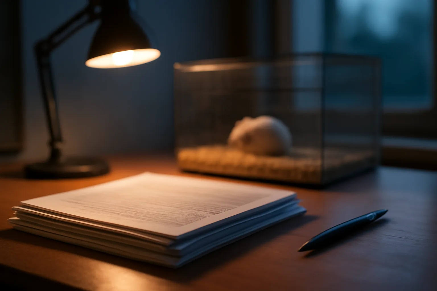 Lab desk with printed journal pages and a mouse cage, evoking MOTS-c preclinical research