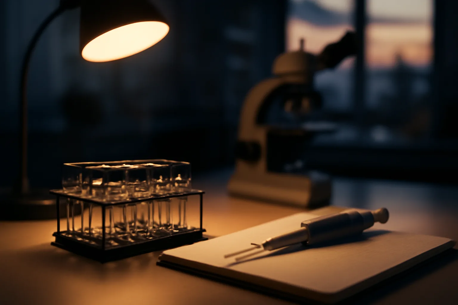 Lab bench with vials and pipette representing MOTS-c clinical trial research setting