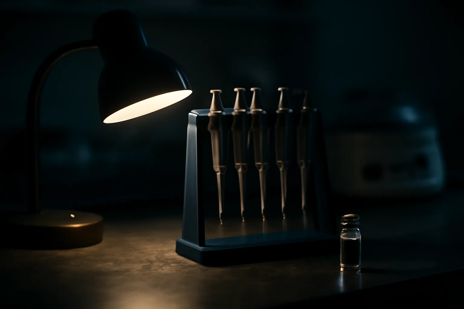 Lab bench at night showing a vial and pipette rack under lamp light