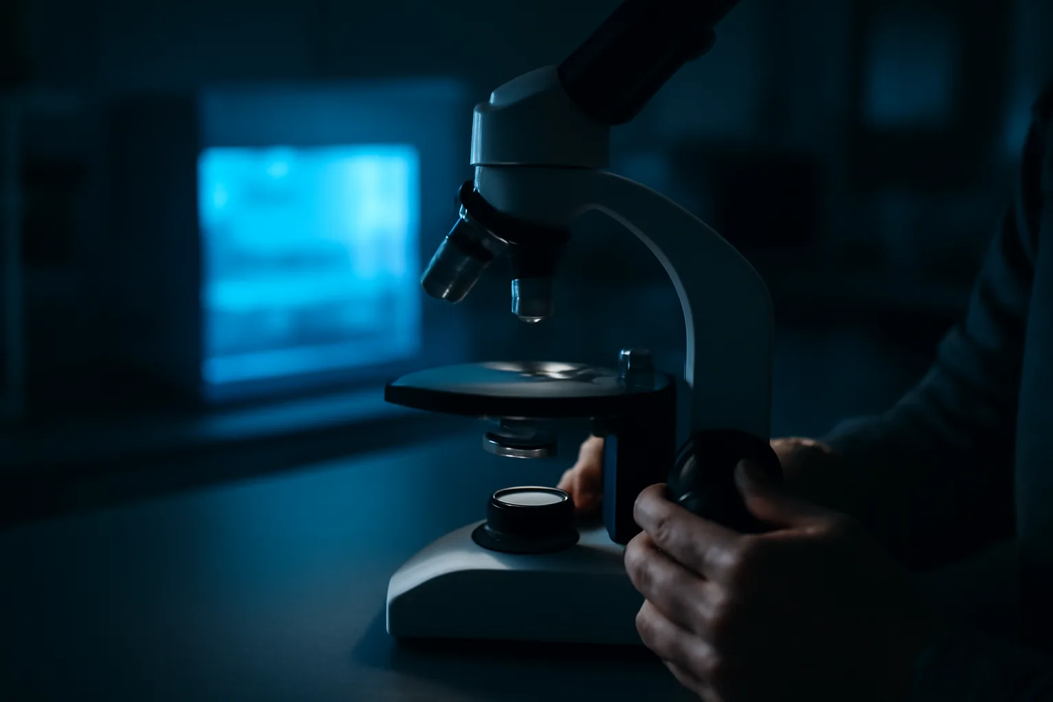 Researcher examining a tissue sample under a microscope in a mitochondrial biology lab