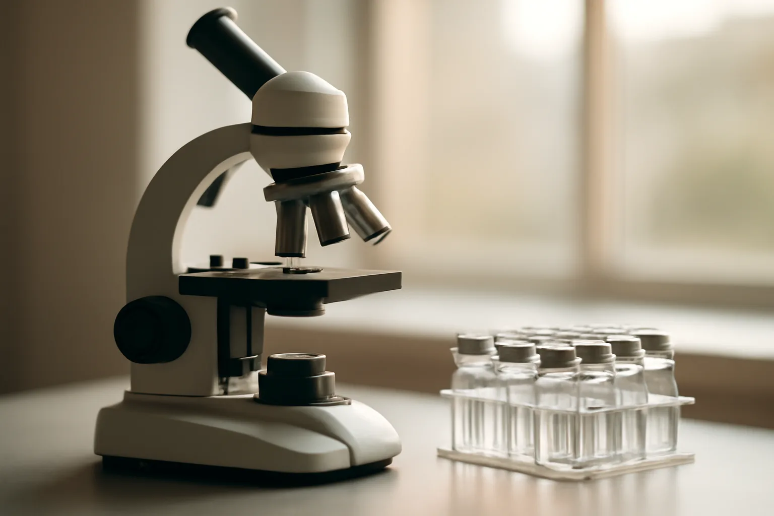 Laboratory microscope and glass vials illustrating MOTS-c mechanism research setting
