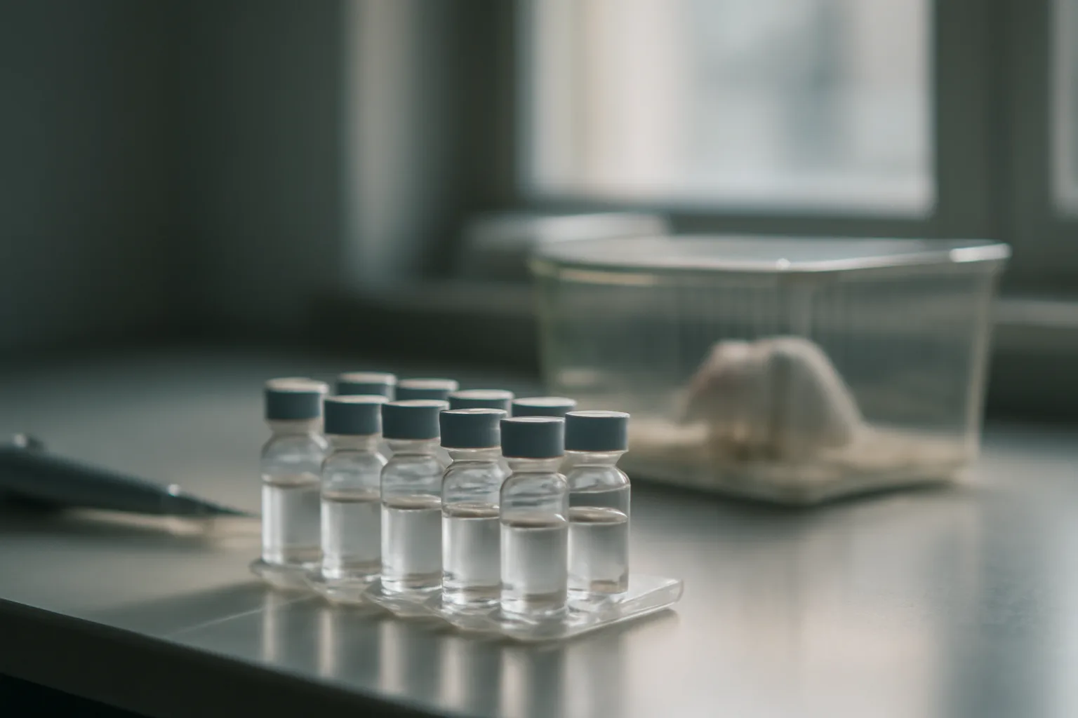 Lab vials and a mouse cage evoke the animal-study basis of MOTS-c peptide research