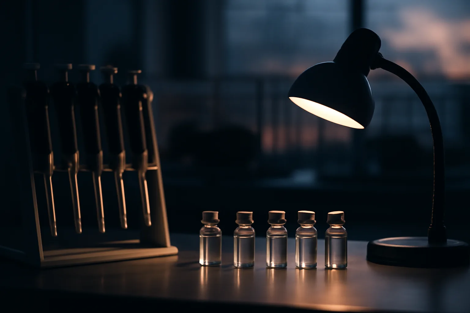Lab bench with vials and pipettes representing MOTS-c peptide research setting