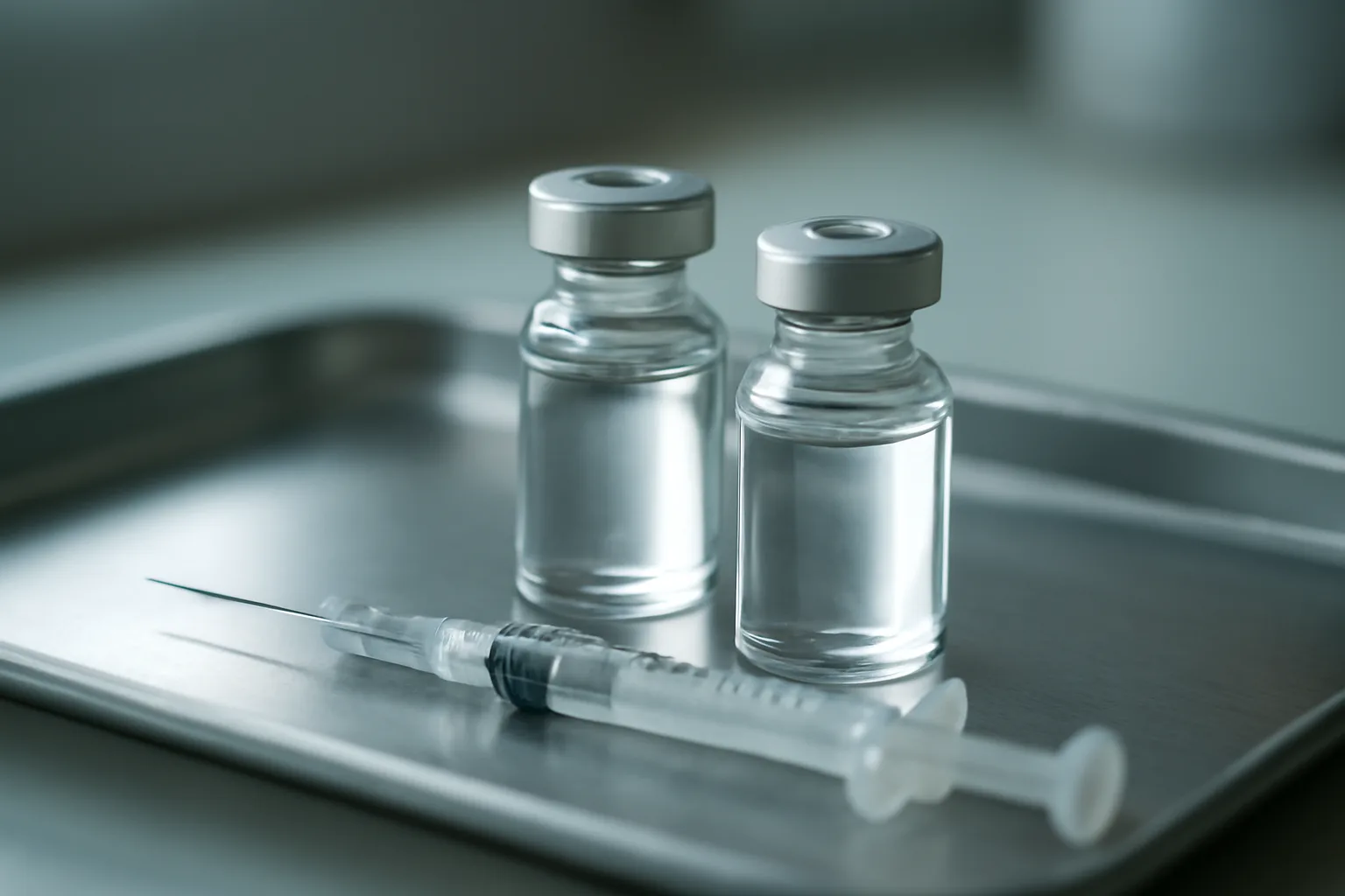 Two unlabeled vials and a syringe on a steel tray, representing a MOTS-c peptide stack