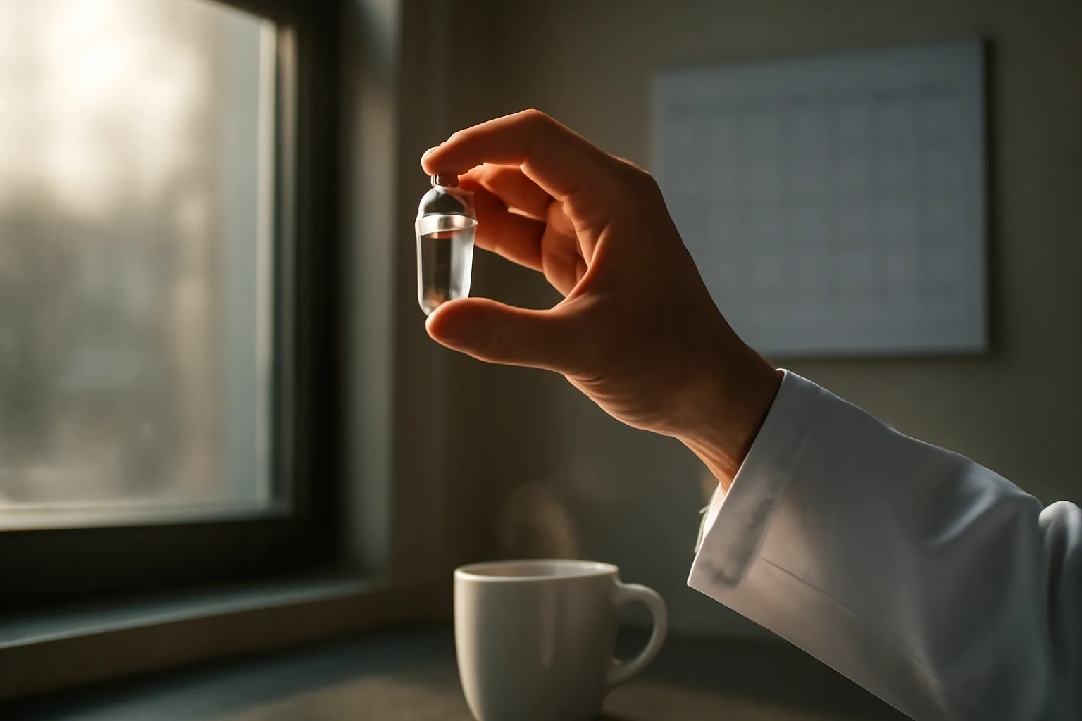 Vial held up to window light in a lab, evoking the MOTS-c research timeline