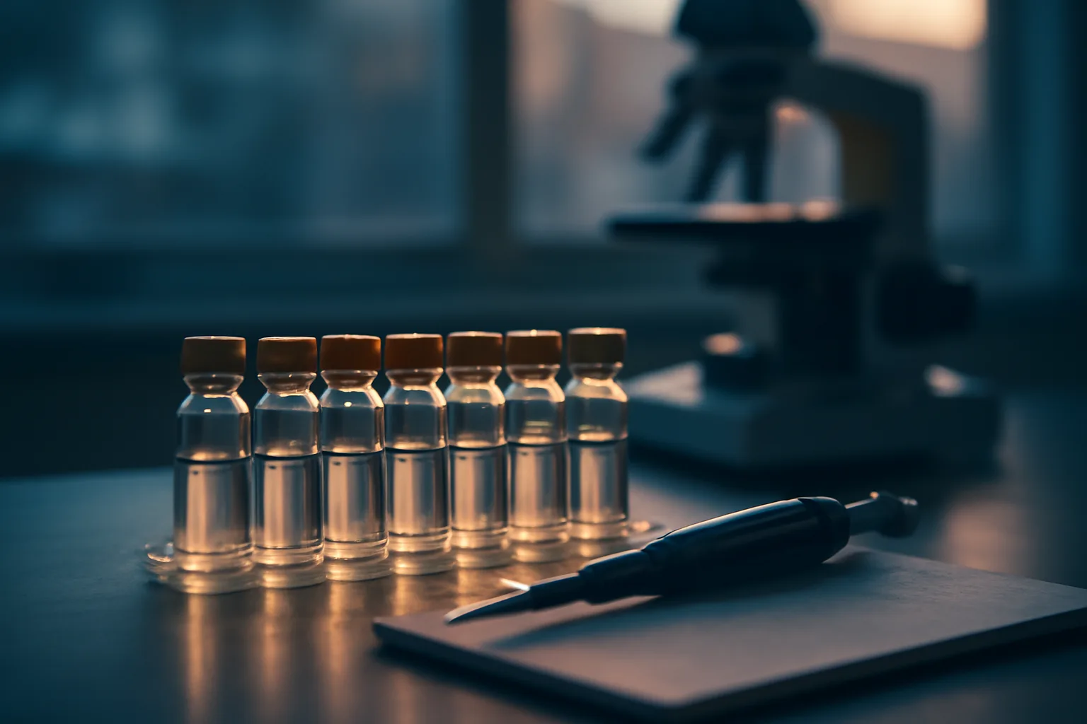 Lab vials and pipette on a bench, evoking MOTS-c peptide research setting