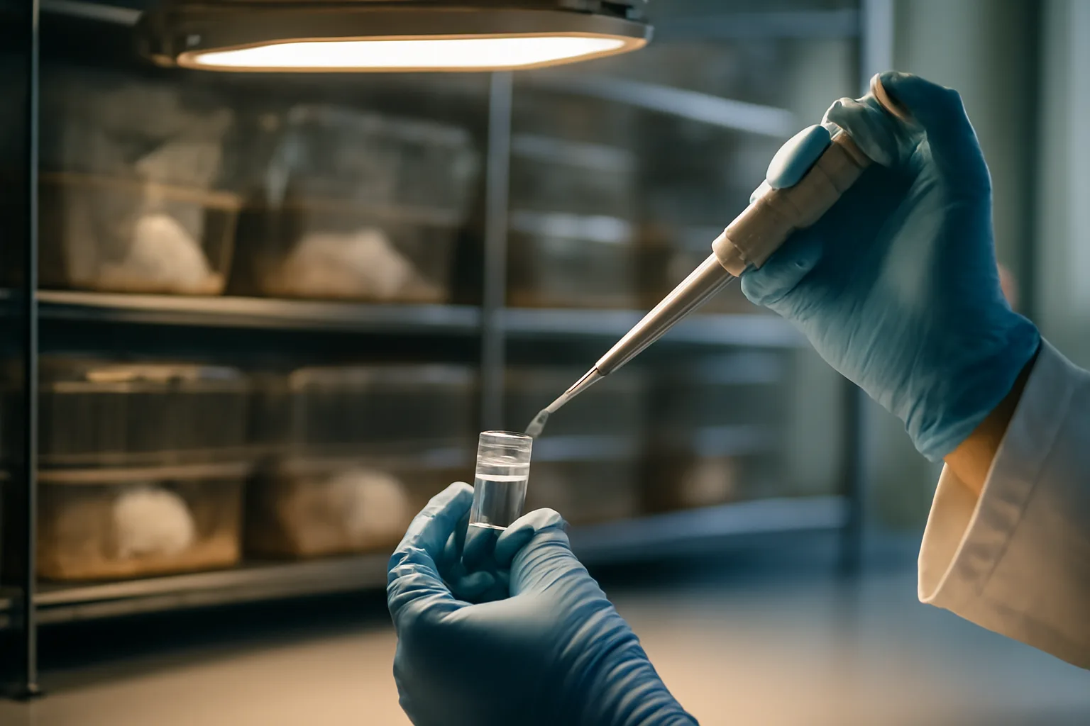 Laboratory scene showing peptide research vial and micropipette near rodent cages