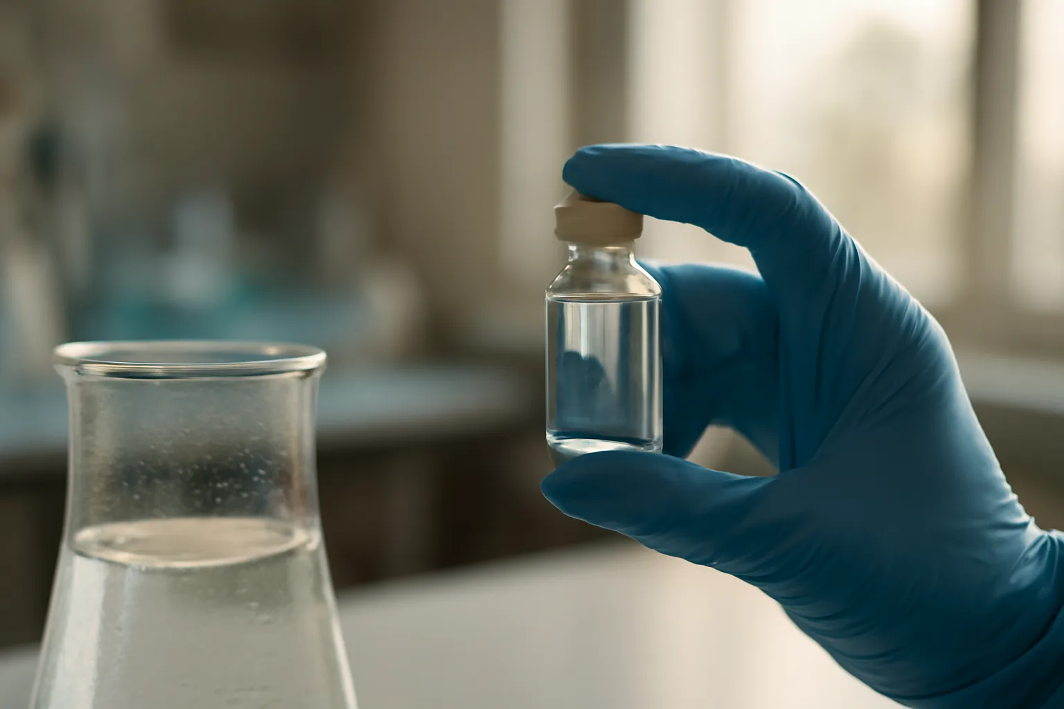 Gloved hand holding a small glass vial to morning light in a lab
