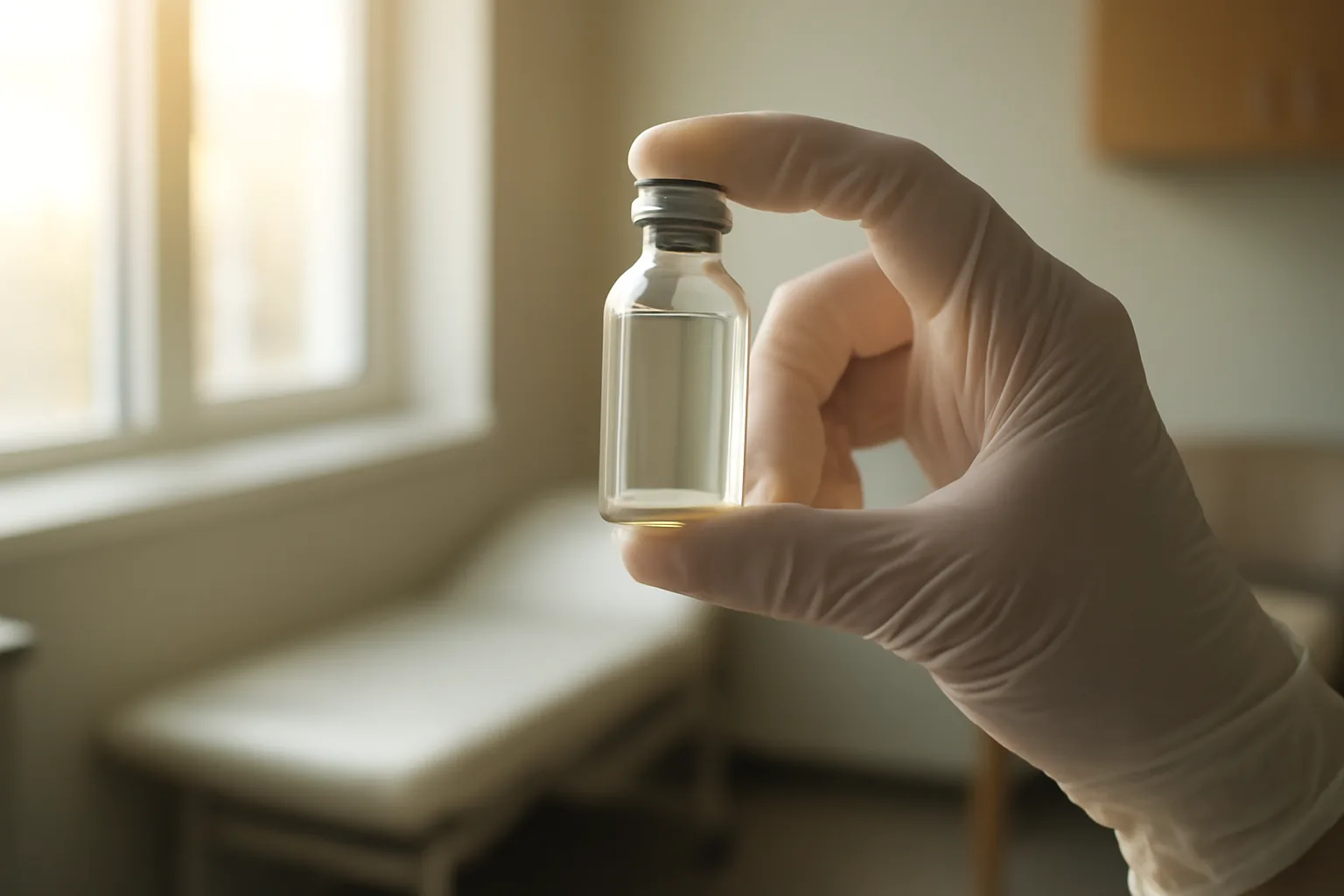 Gloved hands examining an unlabeled glass vial in daylight, representing MOTS-c contraindications