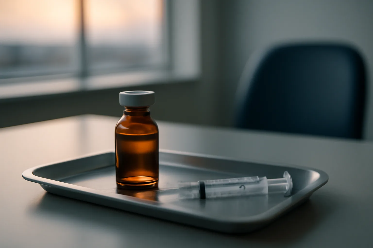 Amber vial and syringe on steel tray suggesting MOTS-c drug interaction caution