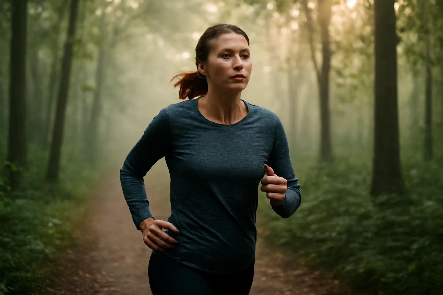 Woman running on a misty forest trail, illustrating MOTS-c in women research context