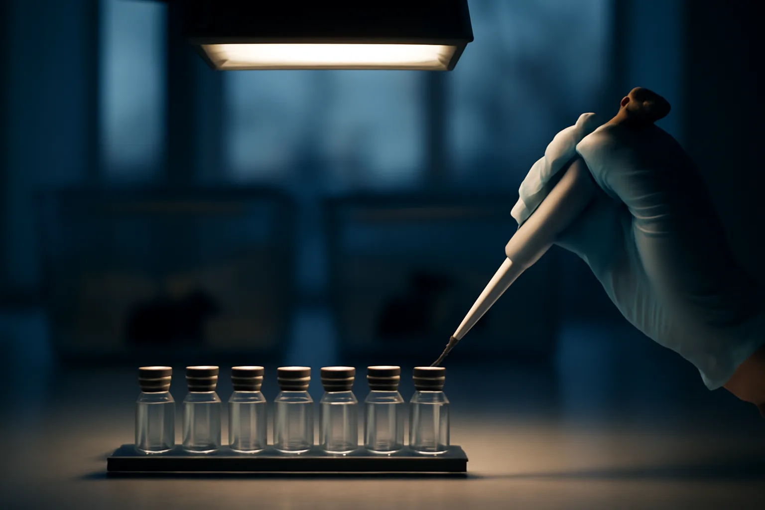 Researcher handling vials in a lab, evoking the early-stage animal research behind MOTS-c long term side effects