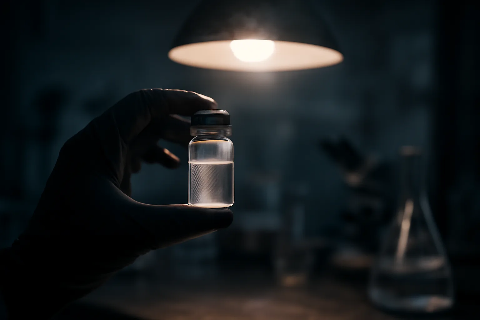 Gloved hand holding a glass research vial under lab light, illustrating MOTS-c side effects research
