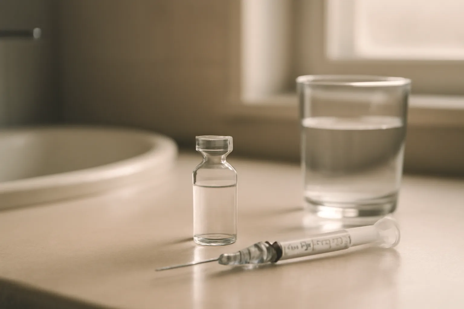 Morning light on a vial and syringe illustrating best time of day to take MOTS-c peptide