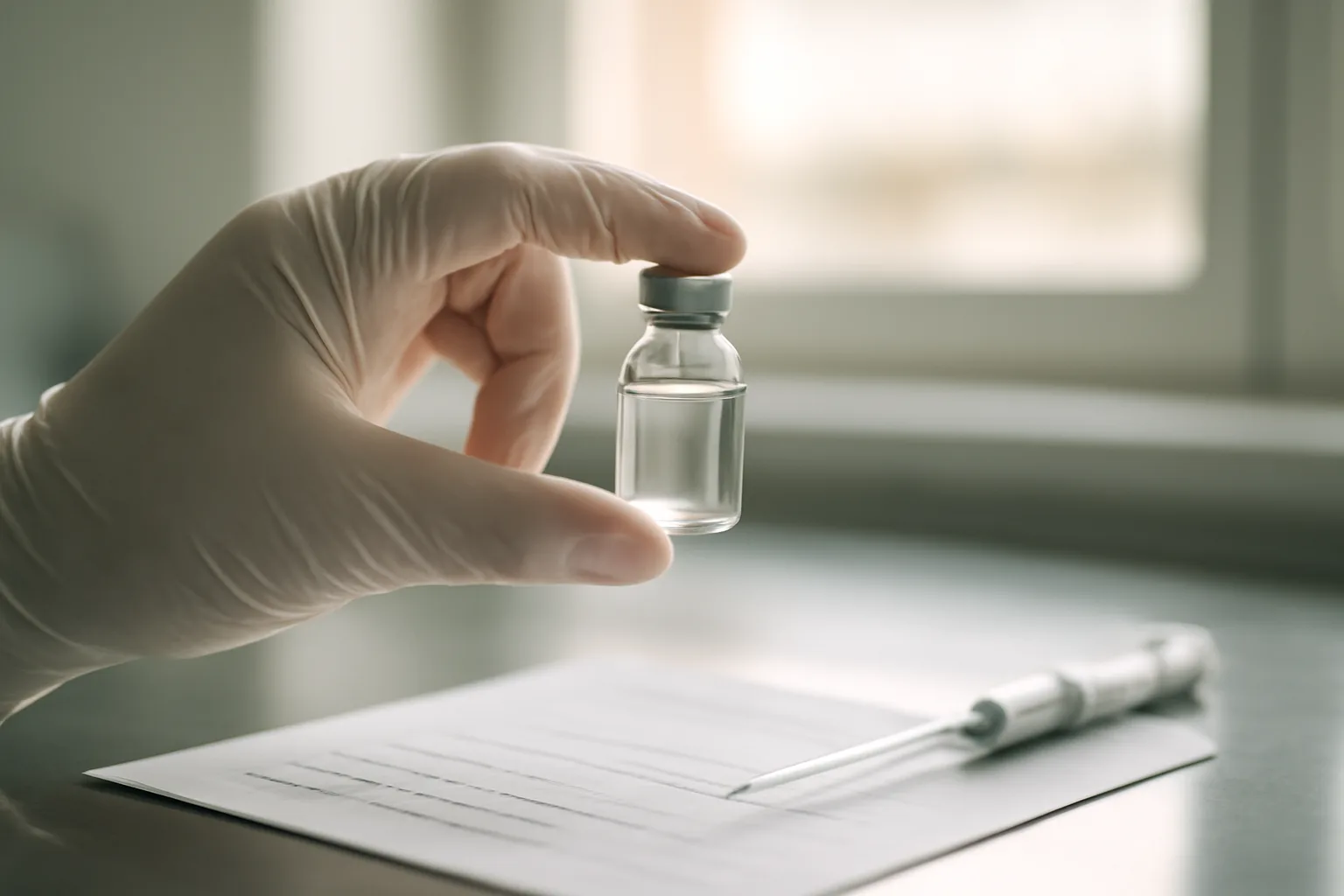 Gloved hand inspecting a glass vial in a lab to verify peptide quality