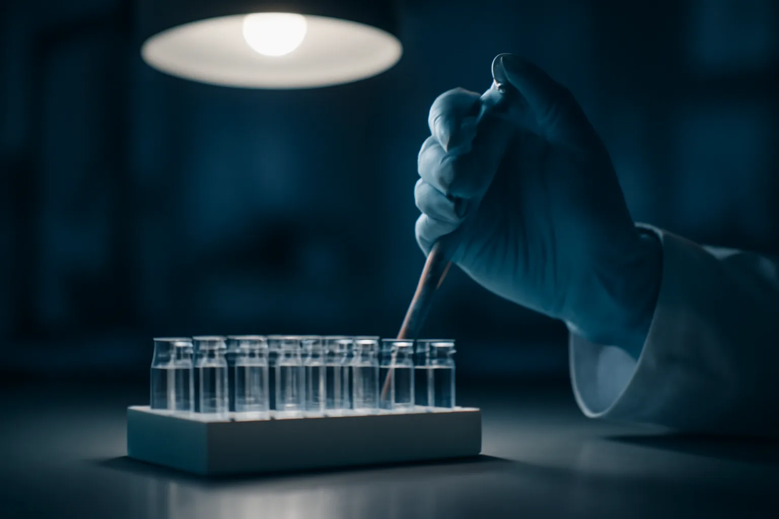 Researcher's gloved hand with micropipette over vials, illustrating MOTS-c FDA approval status