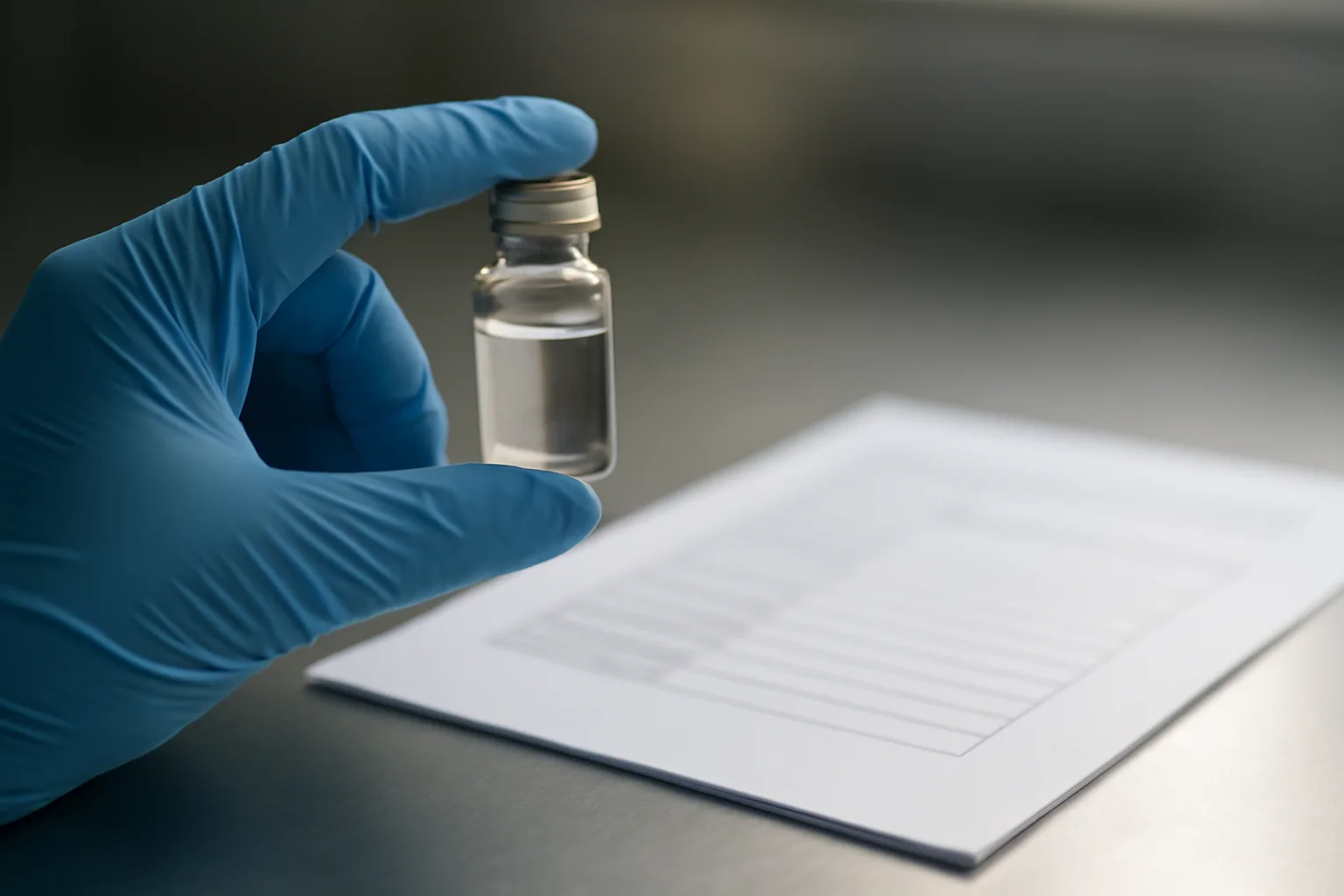 Gloved hand examining a glass vial beside a lab document under laboratory lighting