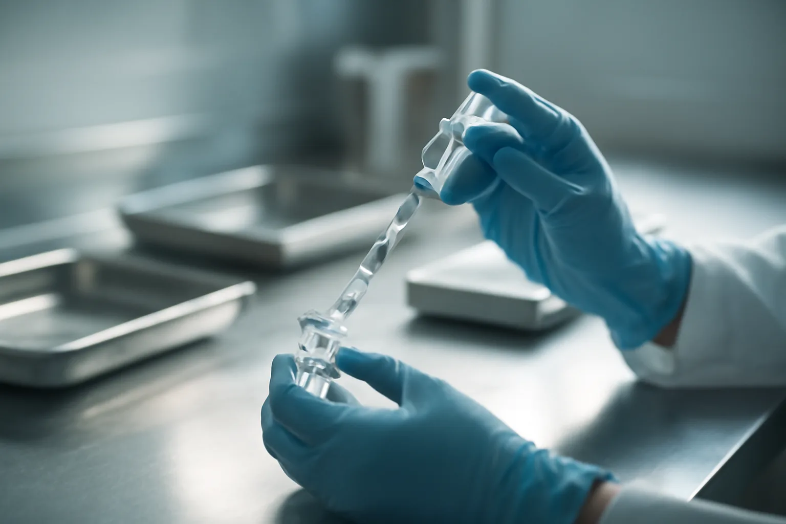 Gloved hands compounding a peptide vial on a sterile pharmacy bench