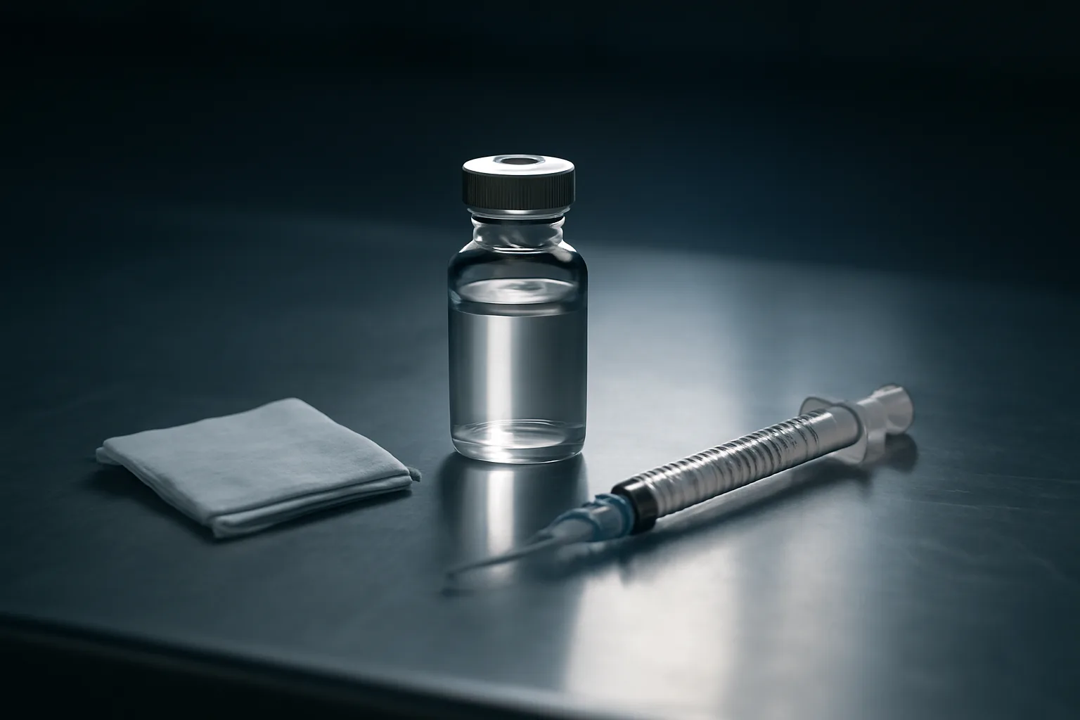 Glass vial and syringe on a steel bench illustrating MOTS-c cost and pricing questions