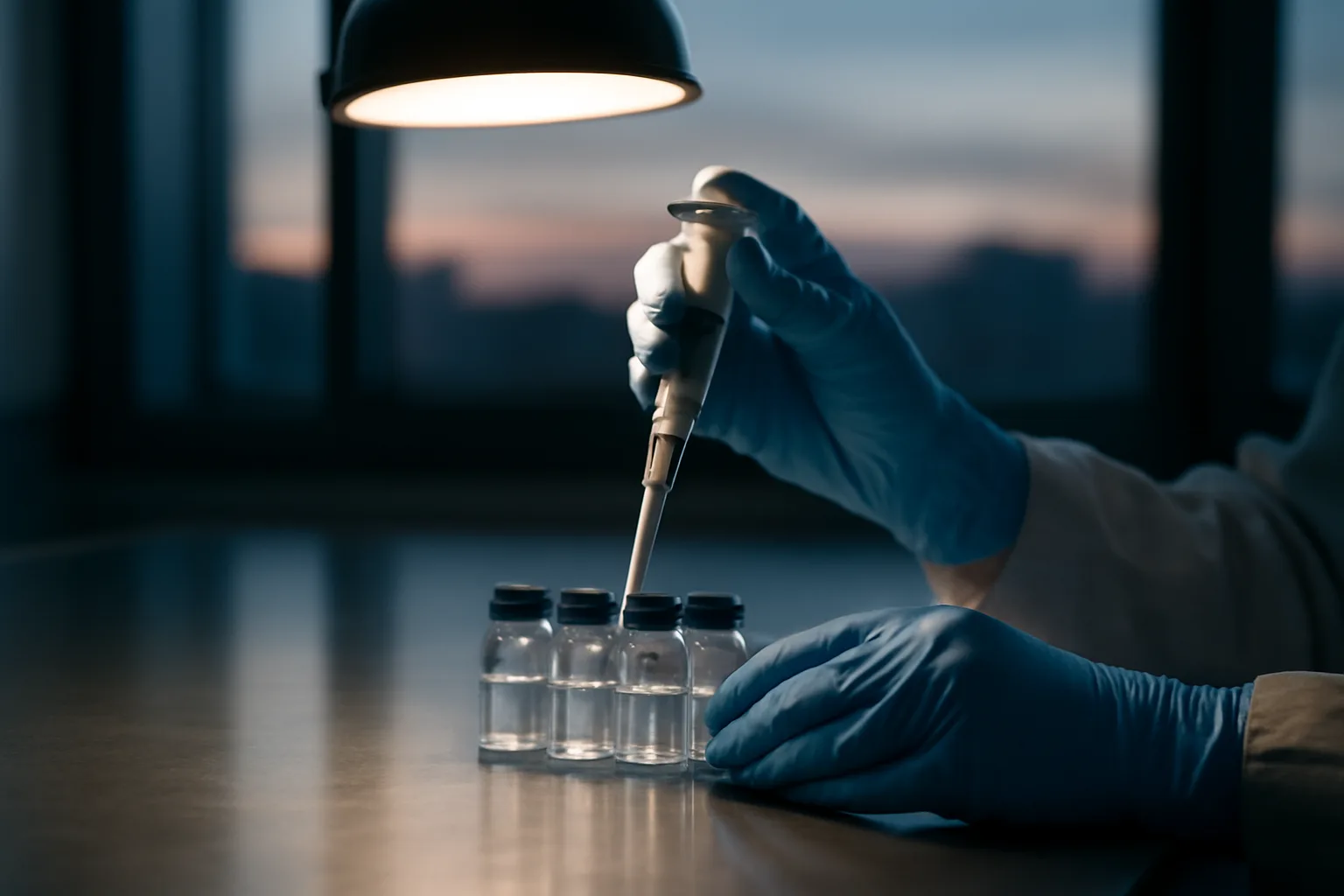 Gloved hands handling glass vials on a lab bench, evoking the MOTS-c peptide buying decision
