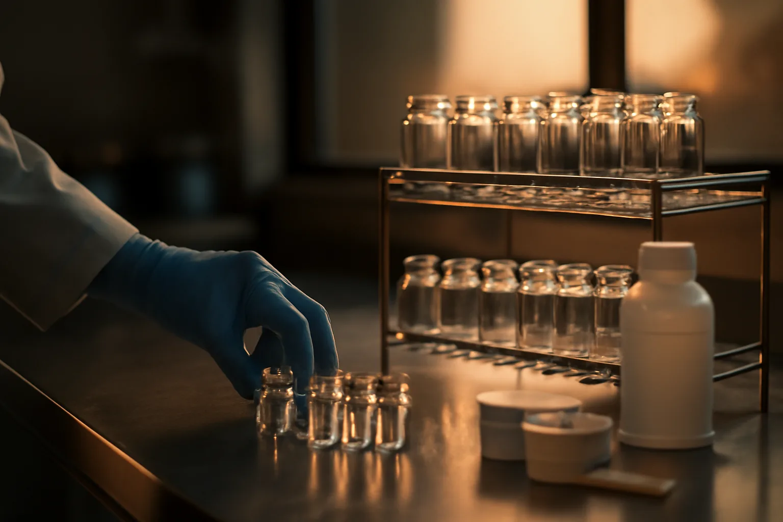 Pharmacist's gloved hands organizing glass vials on a stainless steel counter