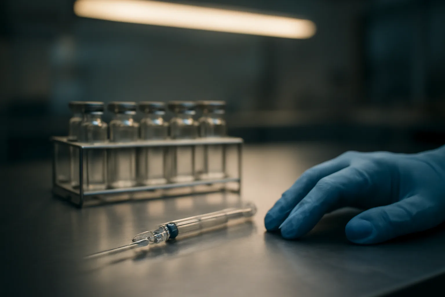Compounding pharmacy bench with vials and syringe representing MOTS-c prescription requirements