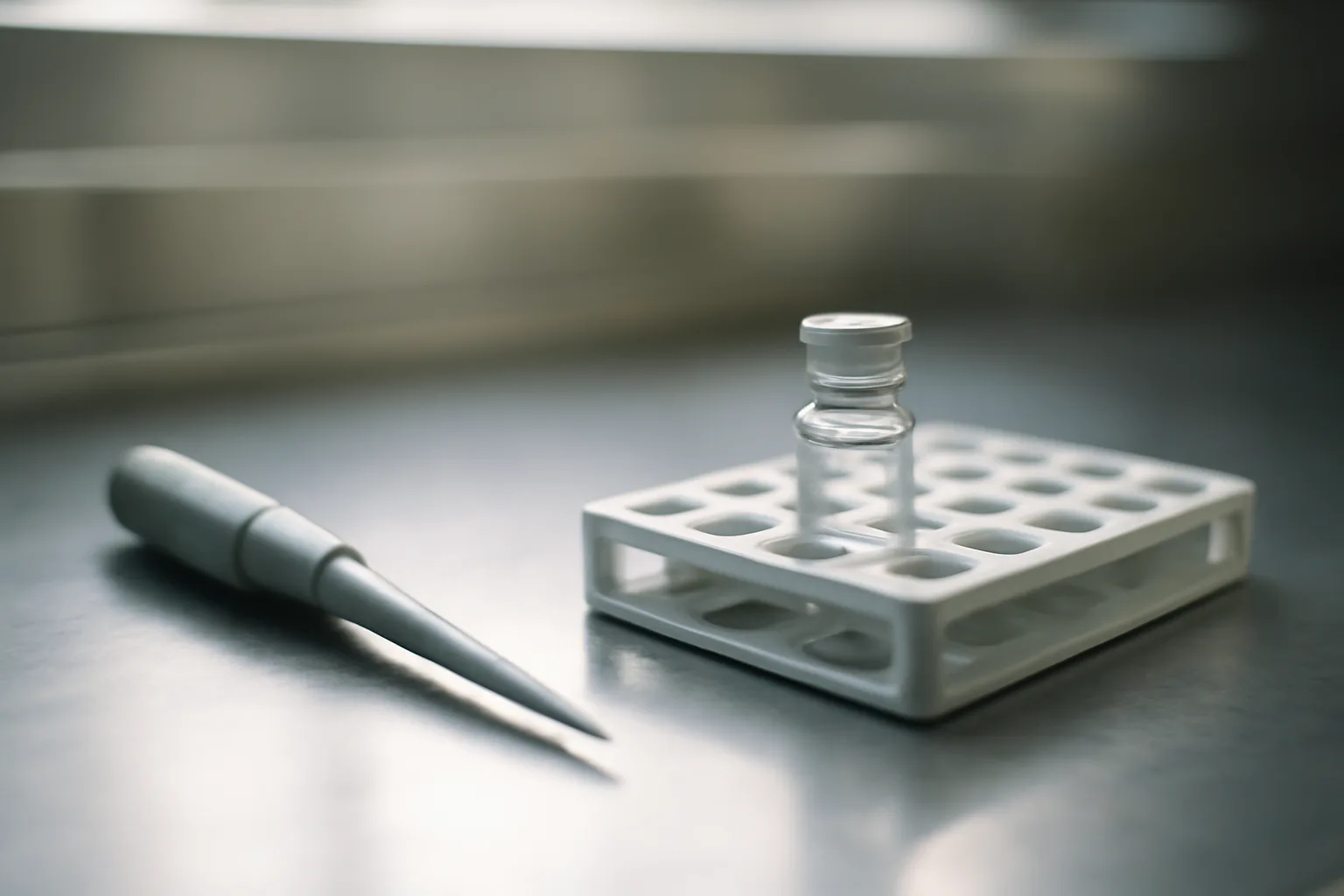 Glass vial in a lab centrifuge rack under fluorescent light, evoking MOTS-c purity testing